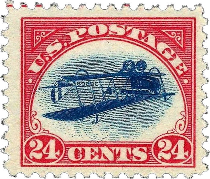 The Inverted Jenny, a 1918 US 24-cent airmail stamp with its biplane printed upside down