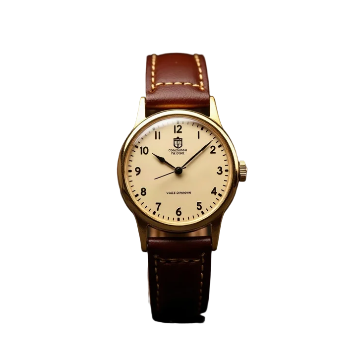 A vintage 18K gold dress watch with a cream dial and brown leather strap